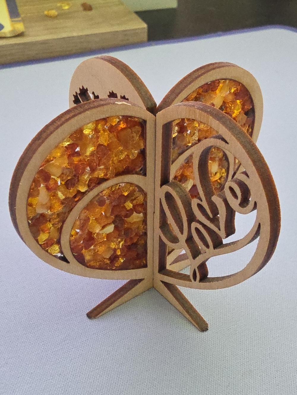 Amber Crystal Heart Table Decor - 'Love' Wooden Accent